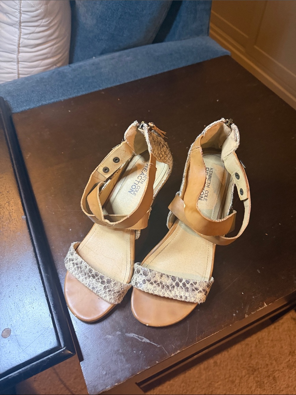 Kenneth Cole Tan Snake-Print Ankle Strap Sandals